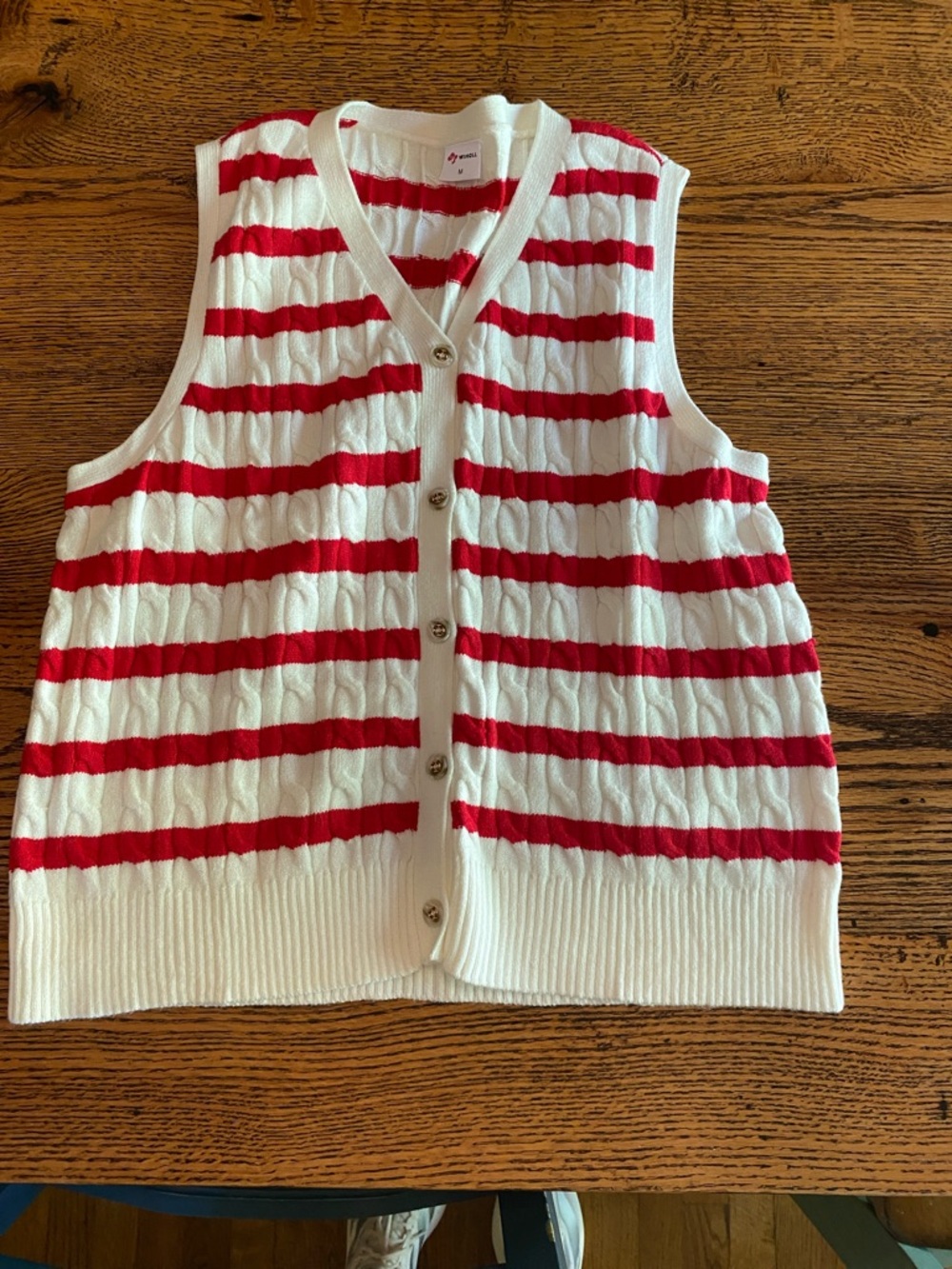 Button-Front Cable Knit Vest - White with Red Stripes